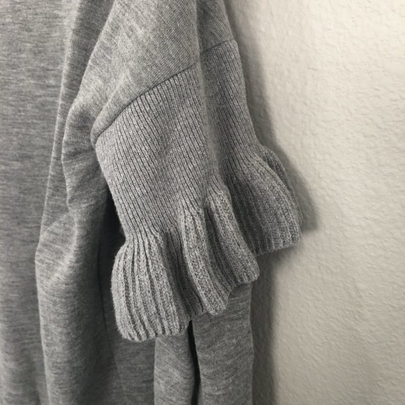 Designer Remix gray crew neck sweater with ruffles at hem and mid arm - Picture 3 of 5
